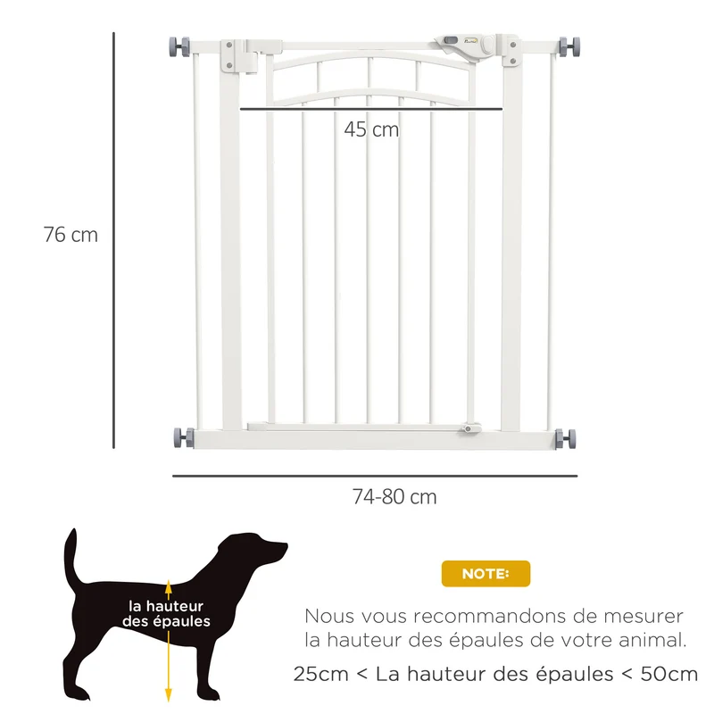Barrière de sécurité pour chien extensible escalier 74-80 x 76 cm double verrouillage à une main moderne en acier blanc 21_0007454