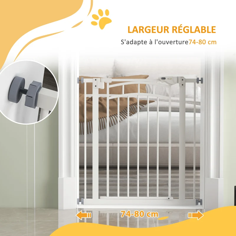 Barrière de sécurité pour chien extensible escalier 74-80 x 76 cm double verrouillage à une main moderne en acier blanc 21_0007454