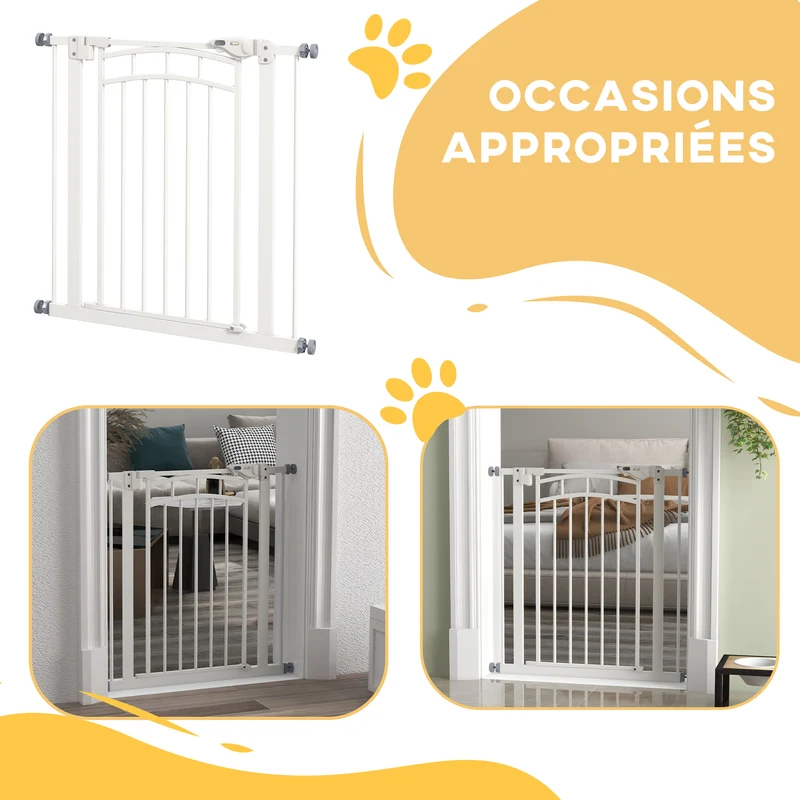 Barrière de sécurité pour chien extensible escalier 74-80 x 76 cm double verrouillage à une main moderne en acier blanc 21_0007454