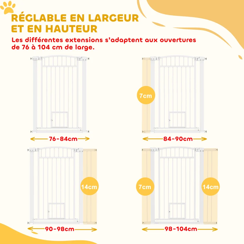 Barrière de sécurité pour chien avec portillon 76-104 x 106 cm verrouillage sécurisé épuré pour couloirs en acier blanc 21_0007470