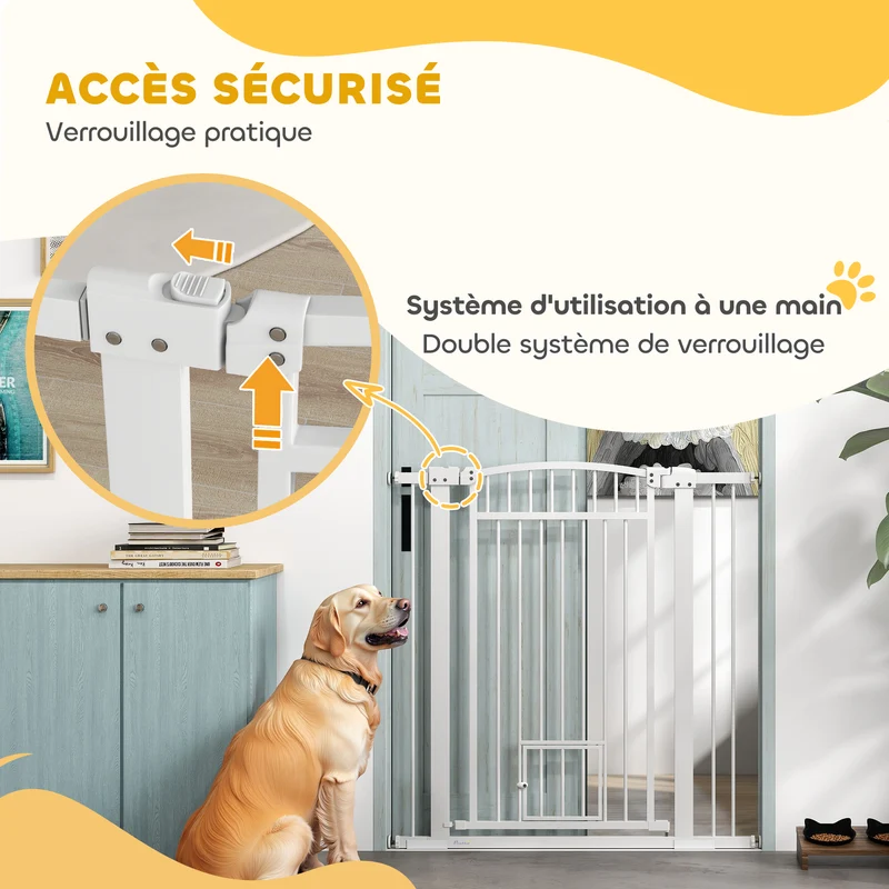 Barrière de sécurité pour chien avec portillon 76-104 x 106 cm verrouillage sécurisé épuré pour couloirs en acier blanc 21_0007470