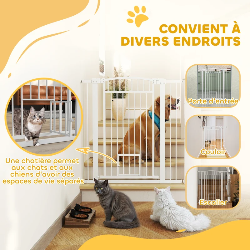 Barrière de sécurité pour chien avec portillon 76-104 x 106 cm verrouillage sécurisé épuré pour couloirs en acier blanc 21_0007470