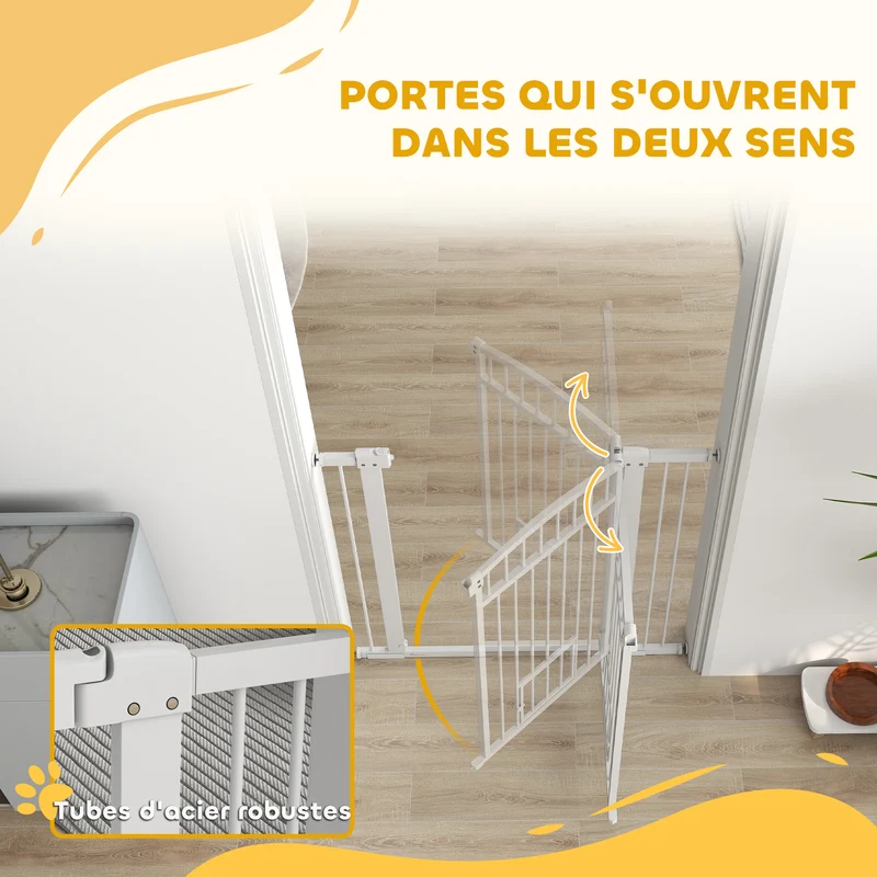 Barrière de sécurité pour chien avec portillon 76-104 x 106 cm verrouillage sécurisé épuré pour couloirs en acier blanc 21_0007470
