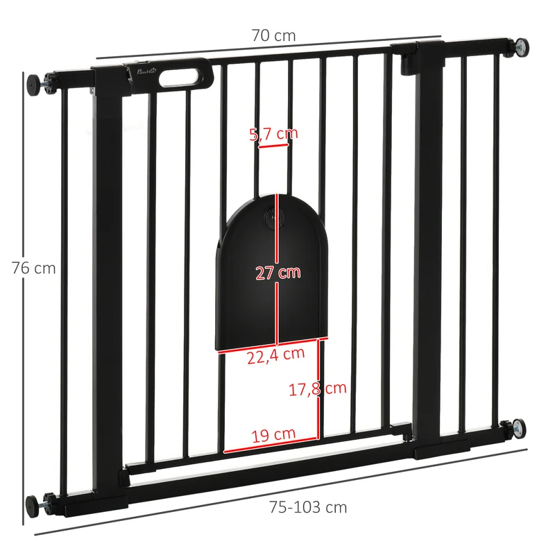 Barrière de sécurité animaux portillon 76 x 103 x 3 cm fermeture automatique double verrouillage moderne en acier noir 21_0007429
