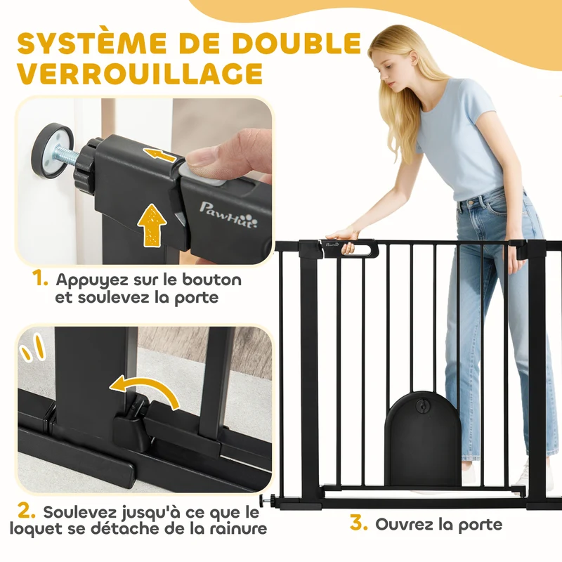 Barrière de sécurité animaux portillon 76 x 103 x 3 cm fermeture automatique double verrouillage moderne en acier noir 21_0007429