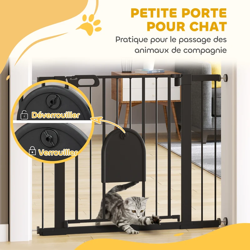 Barrière de sécurité animaux portillon 76 x 103 x 3 cm fermeture automatique double verrouillage moderne en acier noir 21_0007429