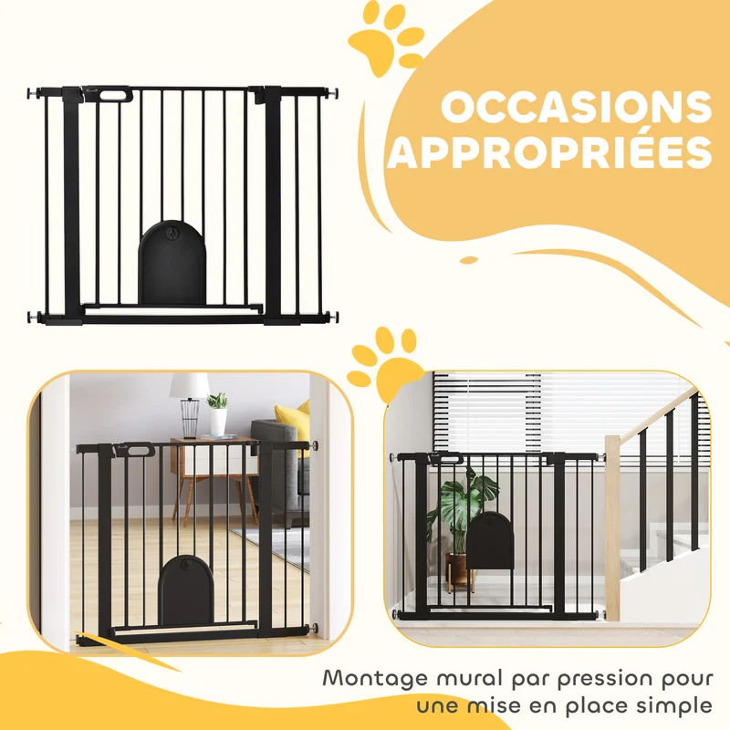 Barrière de sécurité animaux portillon 76 x 103 x 3 cm fermeture automatique double verrouillage moderne en acier noir 21_0007429