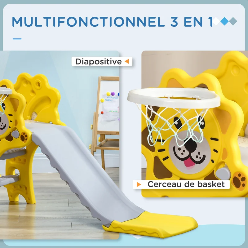 Toboggan pour enfants intérieur extérieur 131 x 50 x 74 cm antidérapant 2 en 1 panier et glisse moderne en pe jaune 21_0000295