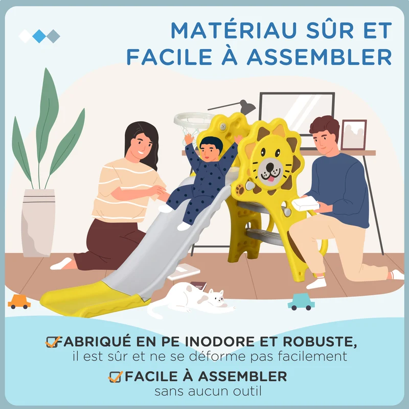 Toboggan pour enfants intérieur extérieur 131 x 50 x 74 cm antidérapant 2 en 1 panier et glisse moderne en pe jaune 21_0000295