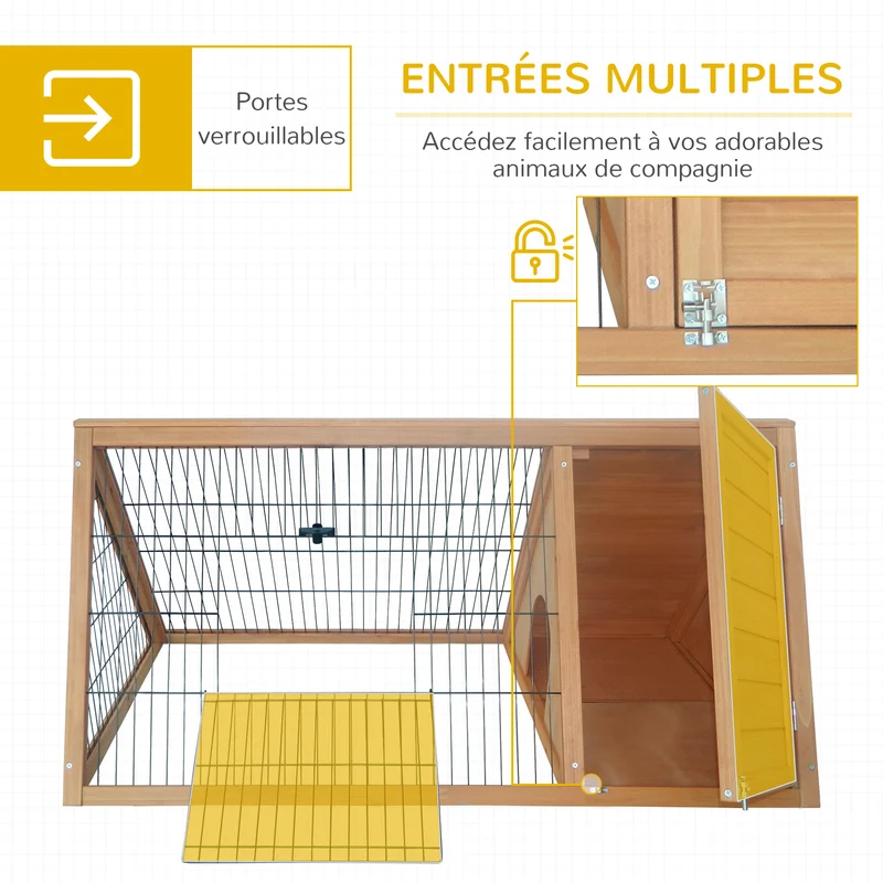 Clapier triangulaire de sol avec enclos et niche 116 x 62,2 x 52,5 cm double porte aération contemporain en bois naturel 21_0007610