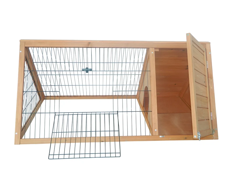 Clapier triangulaire de sol avec enclos et niche 116 x 62,2 x 52,5 cm double porte aération contemporain en bois naturel 21_0007610