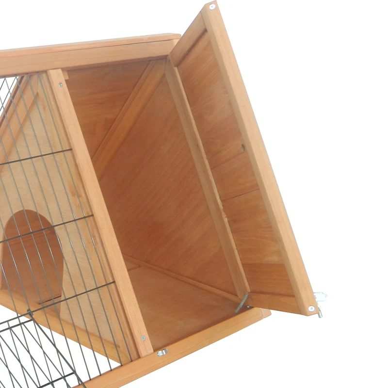 Clapier triangulaire de sol avec enclos et niche 116 x 62,2 x 52,5 cm double porte aération contemporain en bois naturel 21_0007610