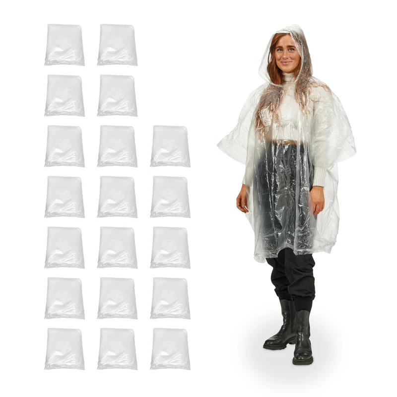 Lot de 20 ponchos de pluie jetables pratiques protection contre la pluie taille unique 123 x 125 cm en polyéthylène transparent 13_0014739
