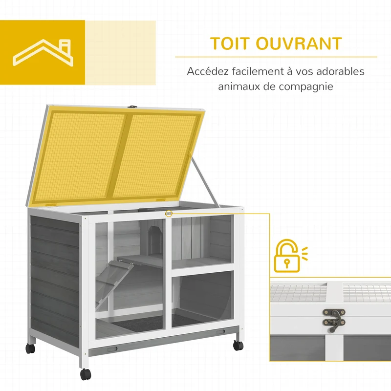 Clapier 2 étages pour rongeurs 91,5 x 53,3 x 73 cm facile à nettoyer roulettes style rustique en bois de sapin gris 21_0007890