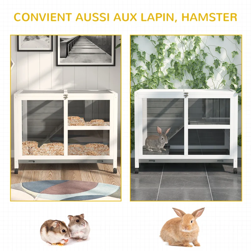 Clapier 2 étages pour rongeurs 91,5 x 53,3 x 73 cm facile à nettoyer roulettes style rustique en bois de sapin gris 21_0007890