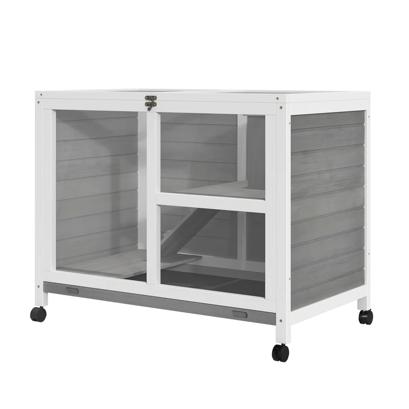 Clapier 2 étages pour rongeurs 91,5 x 53,3 x 73 cm facile à nettoyer roulettes style rustique en bois de sapin gris 21_0007890