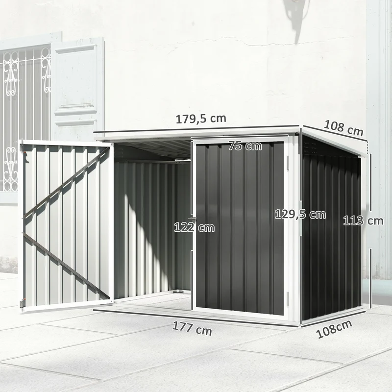 Cache poubelle double extérieur 179,5 x 108 x 129,5 cm ouverture assistée serrure intégrée moderne en acier gris foncé 21_0004188