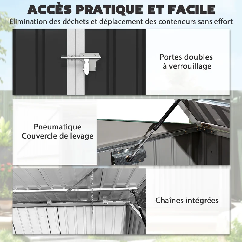 Cache poubelle double extérieur 179,5 x 108 x 129,5 cm ouverture assistée serrure intégrée moderne en acier gris foncé 21_0004188