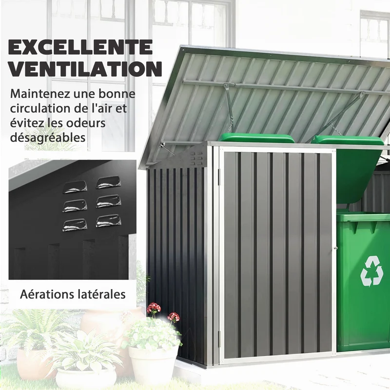 Cache poubelle double extérieur 179,5 x 108 x 129,5 cm ouverture assistée serrure intégrée moderne en acier gris foncé 21_0004188