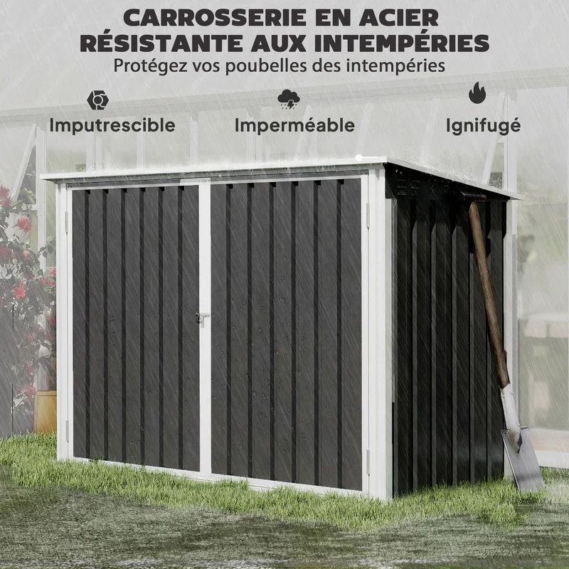 Cache poubelle double extérieur 179,5 x 108 x 129,5 cm ouverture assistée serrure intégrée moderne en acier gris foncé 21_0004188