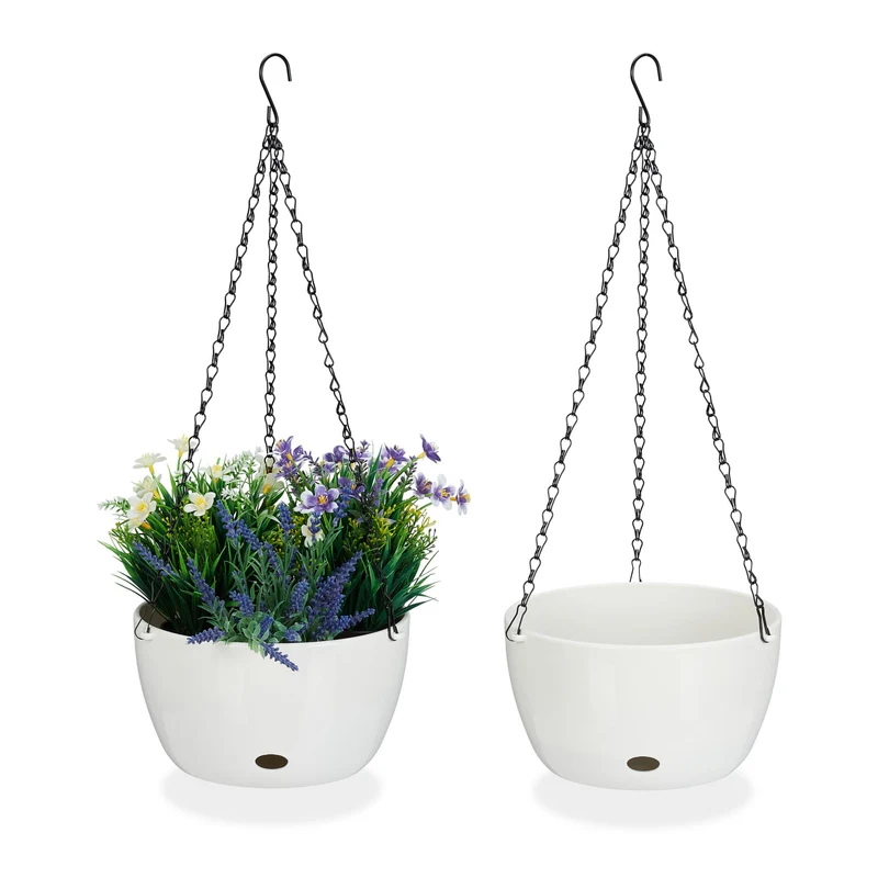 Lot de 2 pots de fleurs suspendus intérieur extérieur avec réservoir d'eau 25 x 15 cm en plastique blanc 13_0014783