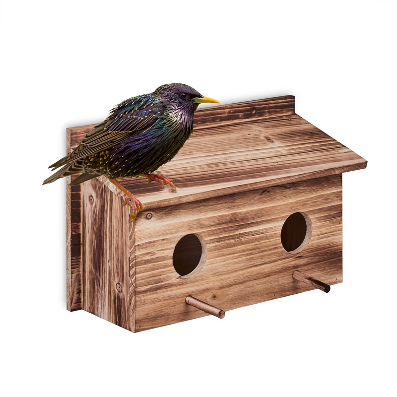 Nichoir à suspendre pour oiseaux 2 trous d'envol 2 perchoirs extérieur design flambé en bois de sapin naturel 13_0014012