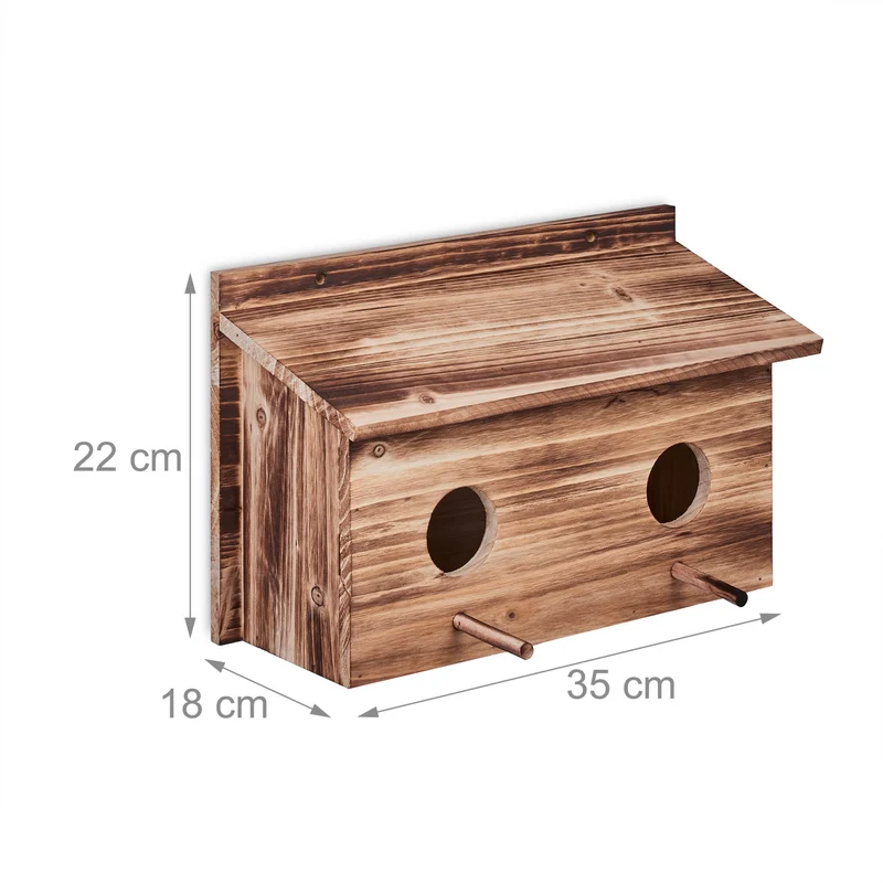 Nichoir à suspendre pour oiseaux 2 trous d'envol 2 perchoirs extérieur design flambé en bois de sapin naturel 13_0014012