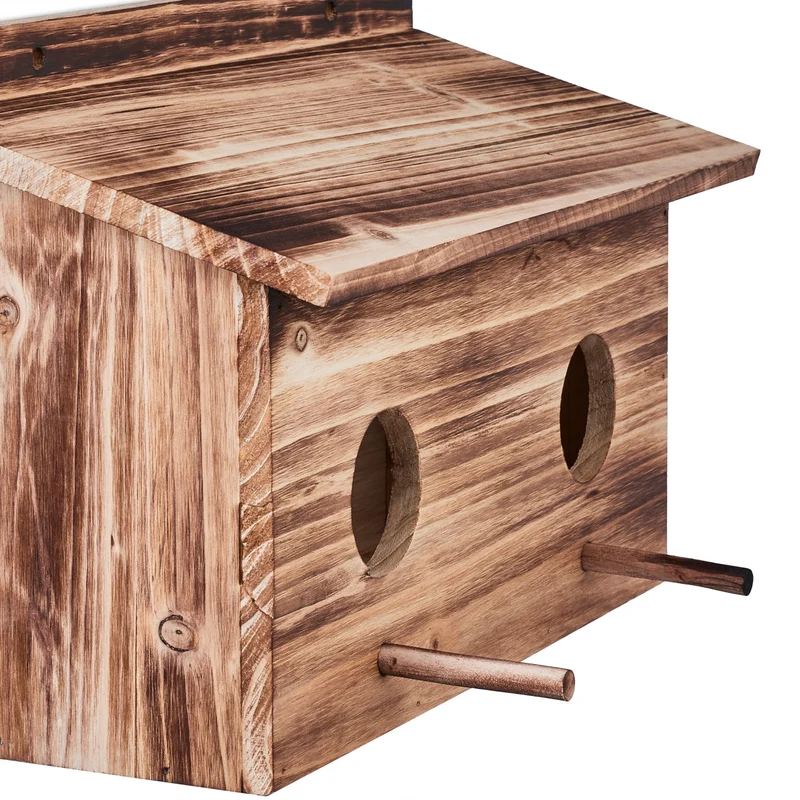 Nichoir à suspendre pour oiseaux 2 trous d'envol 2 perchoirs extérieur design flambé en bois de sapin naturel 13_0014012