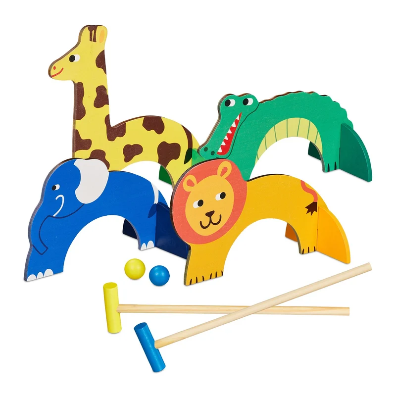 Lot de 2 jeux de croquet colorés enfant extérieur jardin 50 x 30 x 15 cm en bois naturel 13_0014692