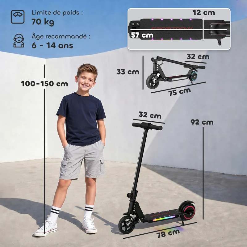 Trottinette électrique enfant pliable 78 x 32 x 92 cm démarrage immédiat freinage sûr style moderne en aluminium noir 21_0006952