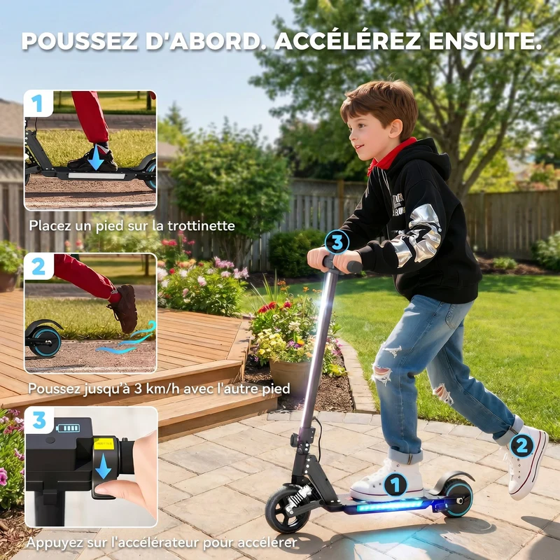 Trottinette électrique enfant pliable 78 x 32 x 92 cm démarrage immédiat freinage sûr style moderne en aluminium noir 21_0006952