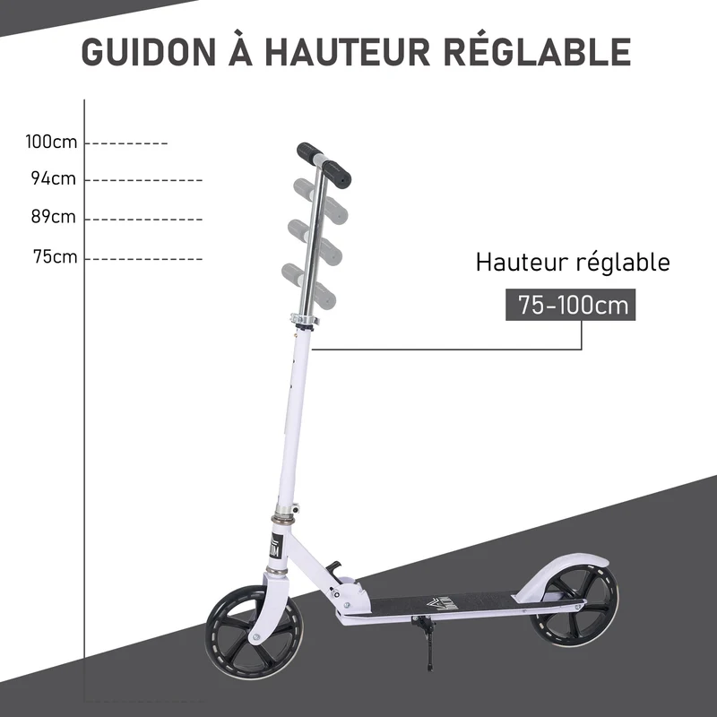 Trottinette pliable enfant 88 x 37 x 75-100 cm guidon réglable quatre niveaux frein arrière moderne en aluminium blanc 21_0000672