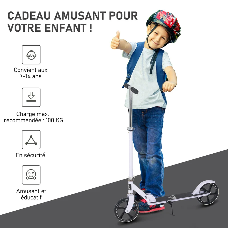 Trottinette pliable enfant 88 x 37 x 75-100 cm guidon réglable quatre niveaux frein arrière moderne en aluminium blanc 21_0000672