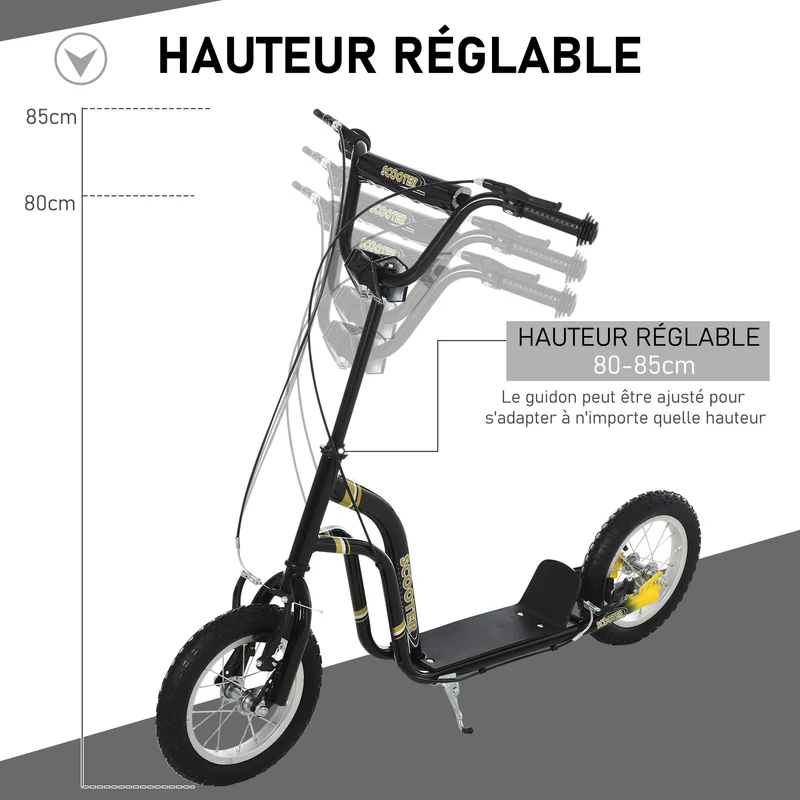 Trottinette enfant tout terrain 120 x 58 x 95 cm grandes roues pneumatiques hauteur réglable design épuré en acier noir 21_0000666