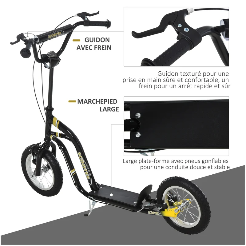 Trottinette enfant tout terrain 120 x 58 x 95 cm grandes roues pneumatiques hauteur réglable design épuré en acier noir 21_0000666
