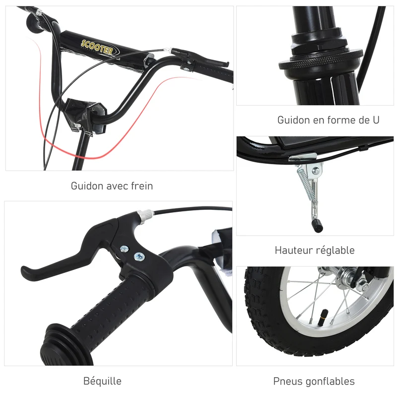 Trottinette enfant tout terrain 120 x 58 x 95 cm grandes roues pneumatiques hauteur réglable design épuré en acier noir 21_0000666