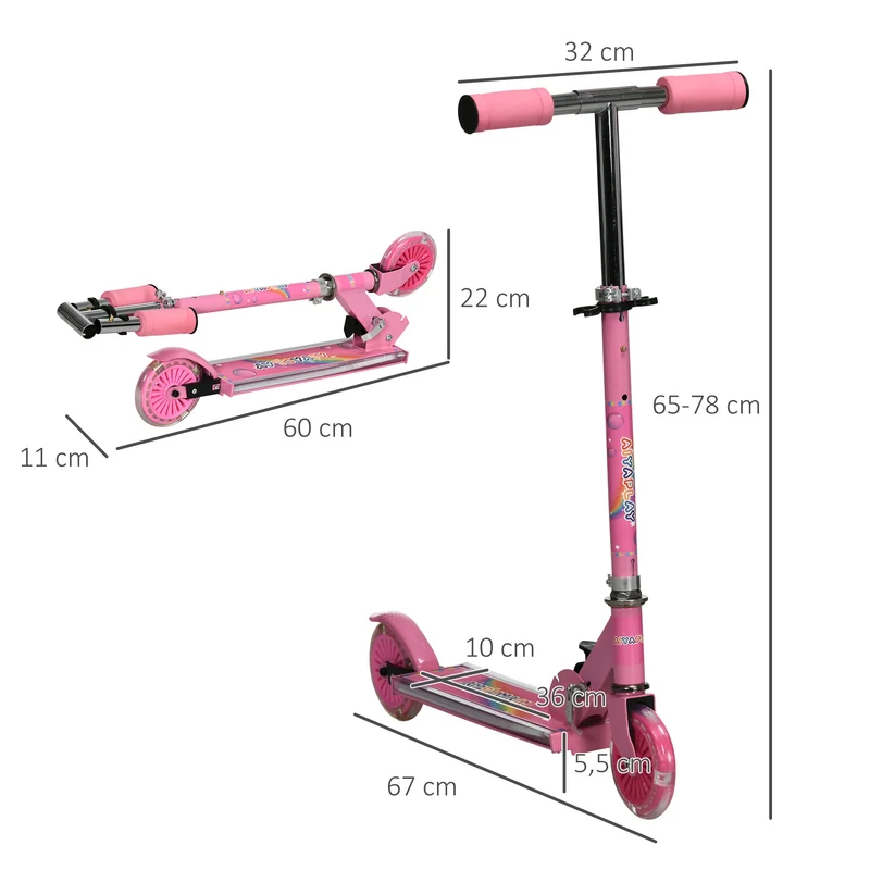 Trottinette enfant pliable 67 x 32 x 78 cm guidon réglable 4 niveaux roues lumineuses 3 à 7 ans moderne en métal rose 21_0000683