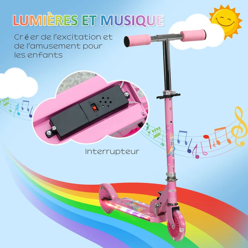 Trottinette enfant pliable 67 x 32 x 78 cm guidon réglable 4 niveaux roues lumineuses 3 à 7 ans moderne en métal rose 21_0000683
