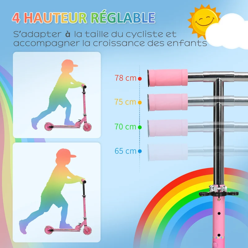 Trottinette enfant pliable 67 x 32 x 78 cm guidon réglable 4 niveaux roues lumineuses 3 à 7 ans moderne en métal rose 21_0000683