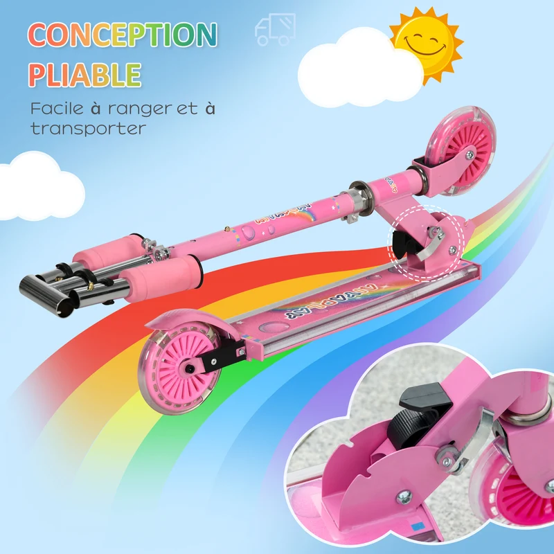 Trottinette enfant pliable 67 x 32 x 78 cm guidon réglable 4 niveaux roues lumineuses 3 à 7 ans moderne en métal rose 21_0000683