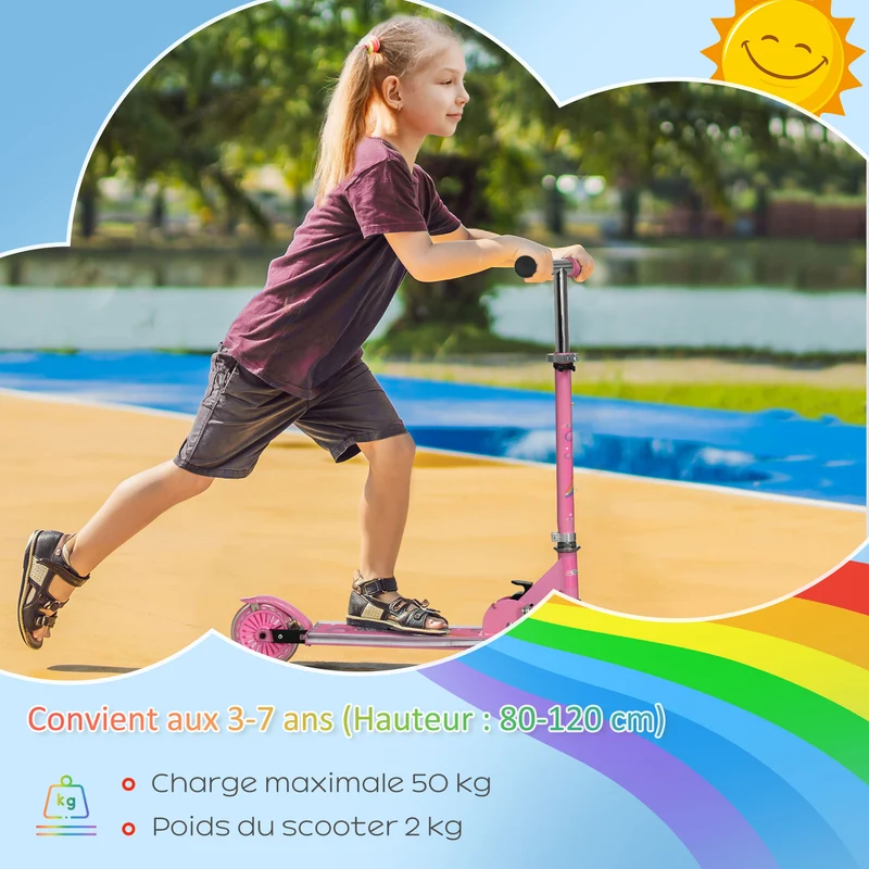 Trottinette enfant pliable 67 x 32 x 78 cm guidon réglable 4 niveaux roues lumineuses 3 à 7 ans moderne en métal rose 21_0000683