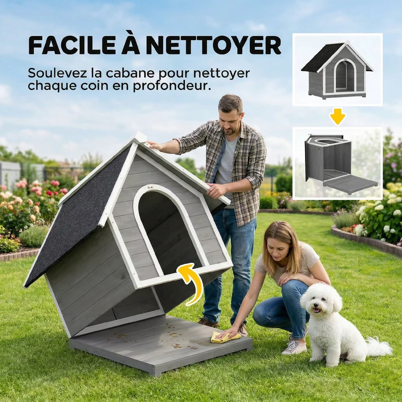 Niche pour chien d'extérieur 101 x 83.5 x 85 cm nettoyage facile base surélevée contemporain ambiance cosy en bois gris 21_0007320
