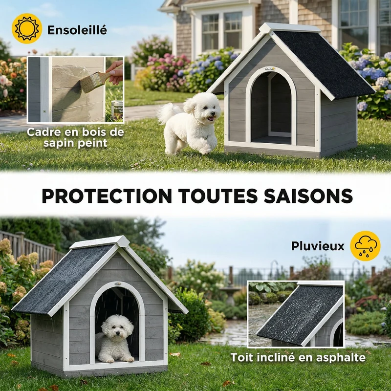 Niche pour chien d'extérieur 101 x 83.5 x 85 cm nettoyage facile base surélevée contemporain ambiance cosy en bois gris 21_0007320