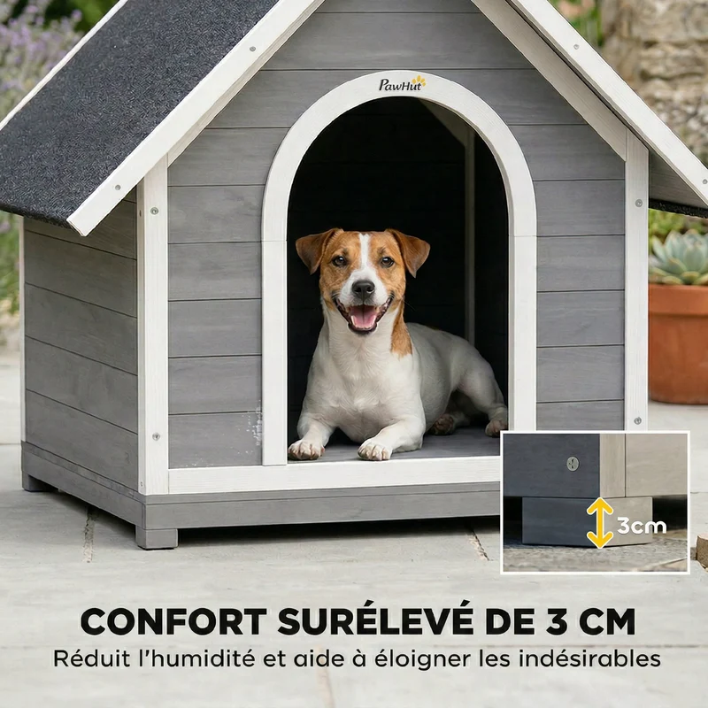 Niche pour chien d'extérieur 101 x 83.5 x 85 cm nettoyage facile base surélevée contemporain ambiance cosy en bois gris 21_0007320