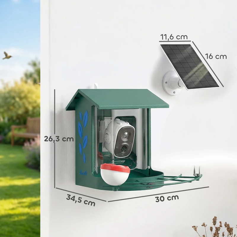 Mangeoire oiseaux avec caméra 2k jardin 30 x 34.5 x 26.3 cm capacité 2.5 l solaire design moderne en acier vert foncé 21_0007603