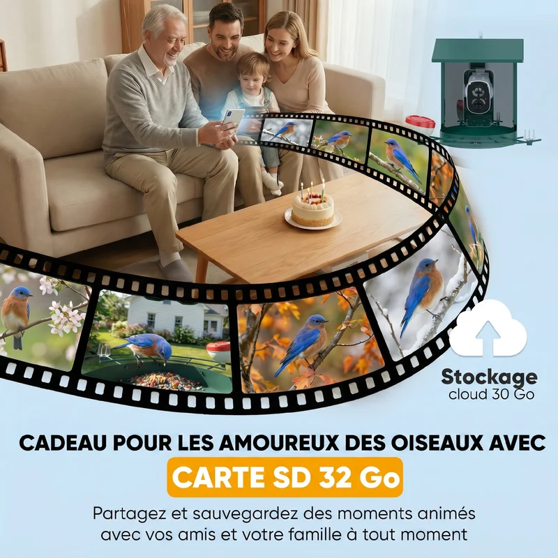 Mangeoire oiseaux avec caméra 2k jardin 30 x 34.5 x 26.3 cm capacité 2.5 l solaire design moderne en acier vert foncé 21_0007603