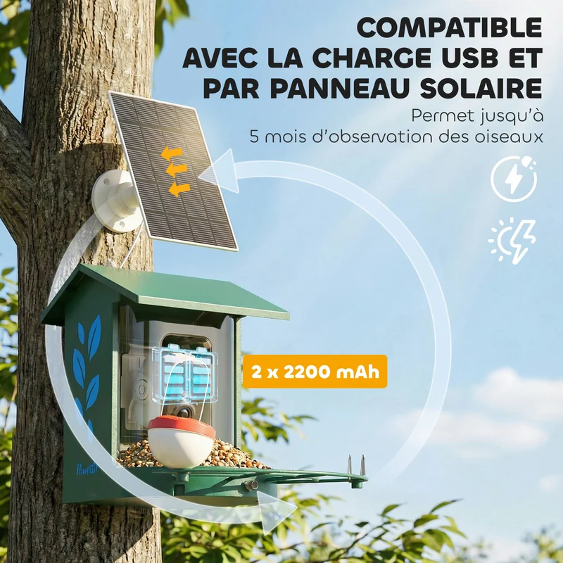 Mangeoire oiseaux avec caméra 2k jardin 30 x 34.5 x 26.3 cm capacité 2.5 l solaire design moderne en acier vert foncé 21_0007603