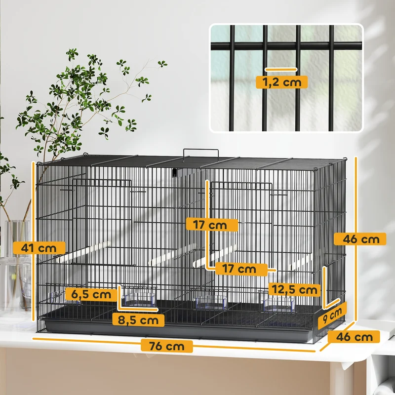 Cage à oiseaux volière 76 x 46 x 46 cm séparable en deux plateau coulissant pratique salon moderne épuré en acier noir 21_0007594