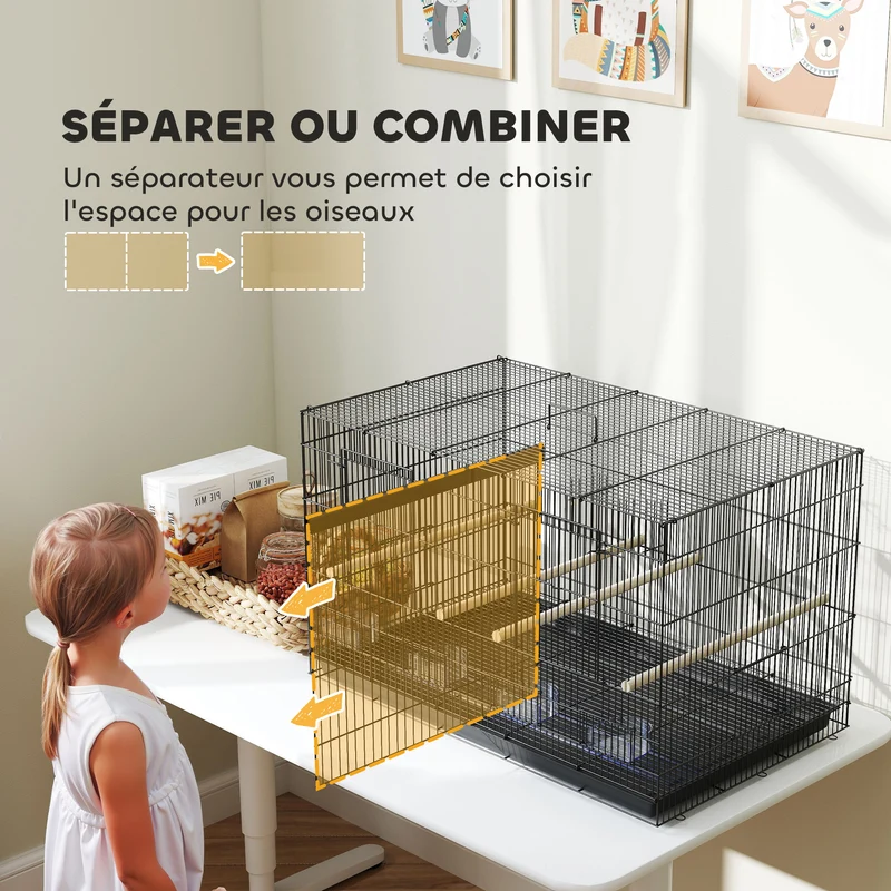 Cage à oiseaux volière 76 x 46 x 46 cm séparable en deux plateau coulissant pratique salon moderne épuré en acier noir 21_0007594