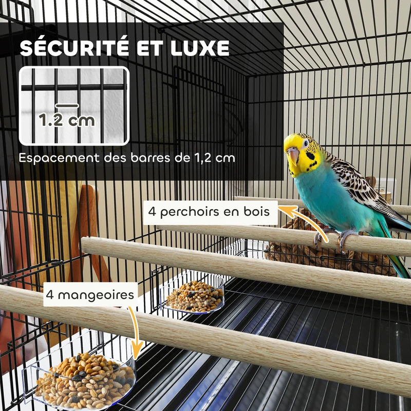 Cage à oiseaux volière 76 x 46 x 46 cm séparable en deux plateau coulissant pratique salon moderne épuré en acier noir 21_0007594